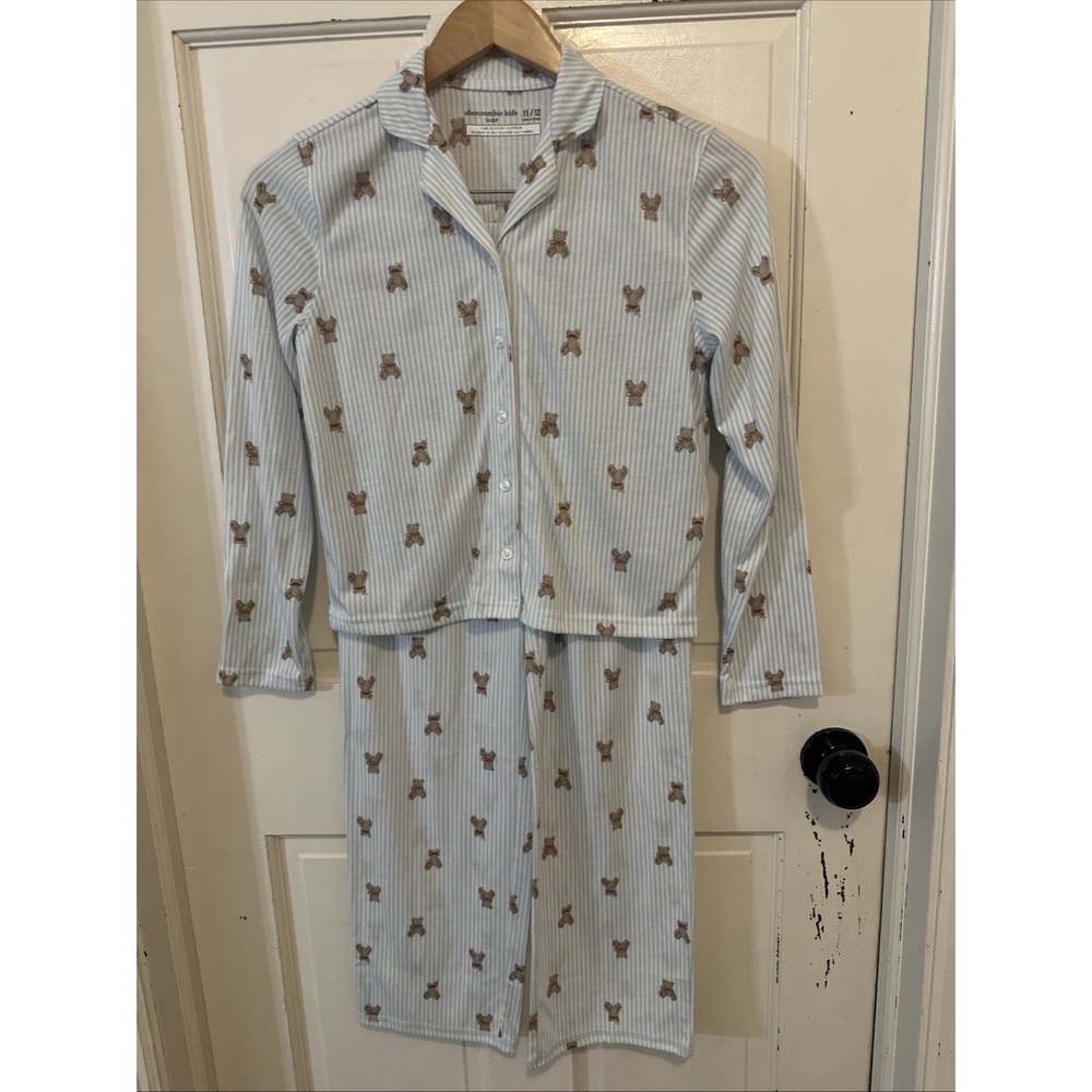 Abercrombie & Fitch Sleep Kids Pajama Set Blue Stripes Teddy Bears Size 11/12